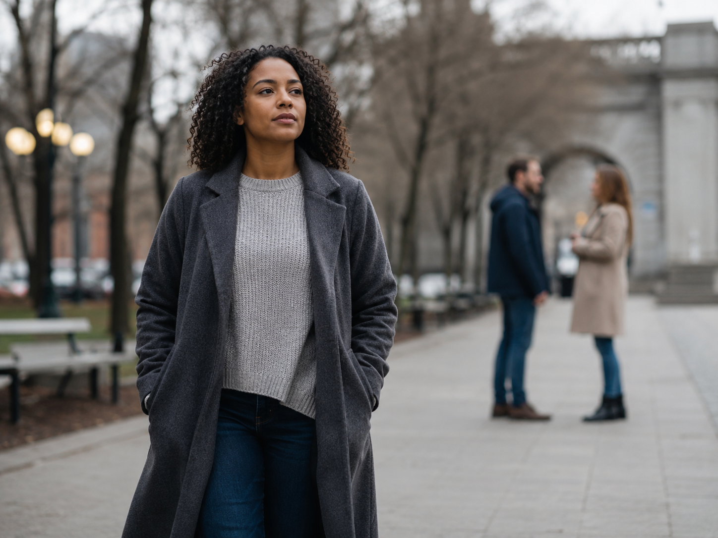 Mulher negra caminhando sozinha por uma praça, com expressão serena e olhar voltado para a frente. Ao fundo, duas pessoas aparecem desfocadas conversando, reforçando a sensação de seguir em frente com tranquilidade e distância emocional.