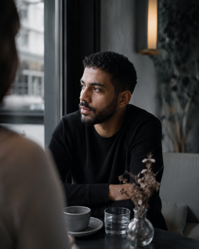 Homem pardo sentado em uma cafeteria durante um encontro, olhando pela janela com expressão contemplativa. À sua frente, outra pessoa aparece desfocada, em uma cena de atmosfera intimista, com iluminação natural suave e tons frios e neutros.