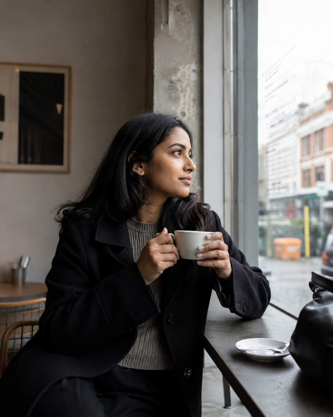 Mulher parda sentada sozinha em uma cafeteria, segurando uma xícara de café enquanto olha pela janela com expressão serena e pensativa. A cena tem iluminação natural suave, tons neutros e frios e uma atmosfera intimista e contemplativa.