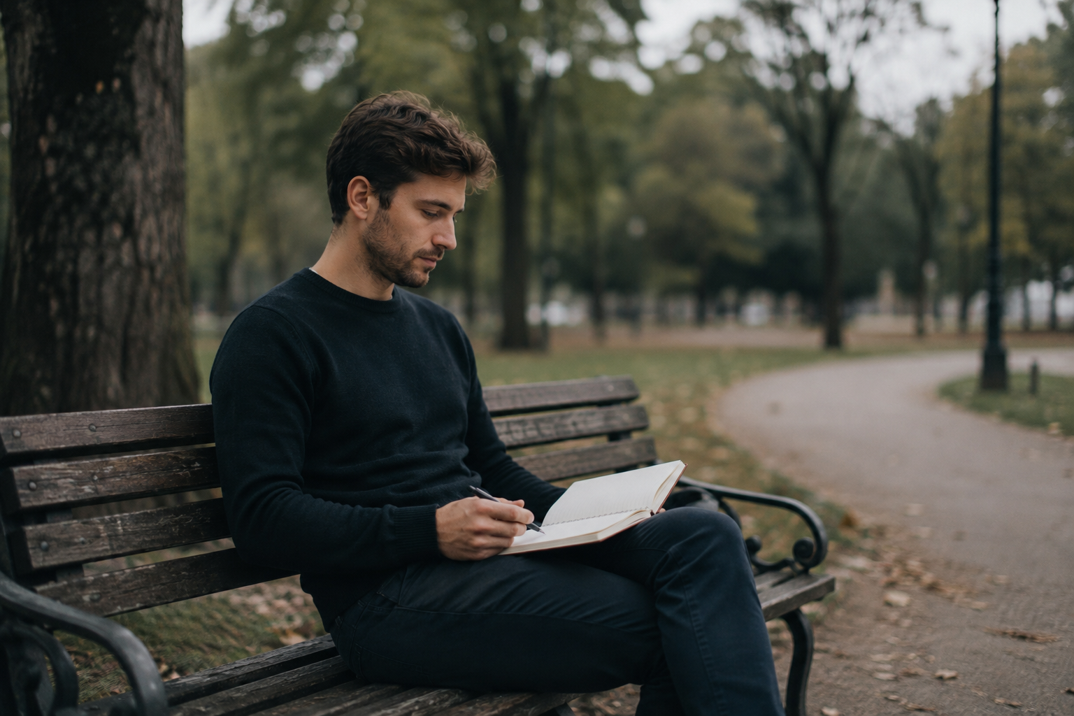 Homem sentado sozinho em um banco de parque com um caderno aberto sobre o colo, olhando para uma página em branco com expressão calma e pensativa, simbolizando os diálogos internos e a elaboração emocional após o término de um relacionamento.