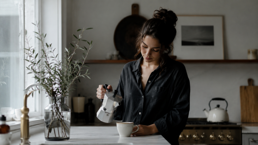 Mulher preparando café sozinha em uma cozinha minimalista e vintage, iluminada pela luz suave da manhã, com expressão serena e contemplativa diante de uma única xícara sobre a bancada.