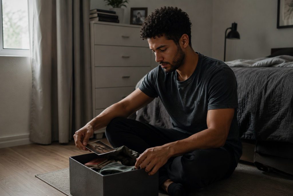 Homem pardo sentado no chão de um quarto organizado, observando uma fotografia antiga retirada de uma caixa com objetos pessoais, em um momento de reflexão sobre lembranças e identidade após o término de um relacionamento.
