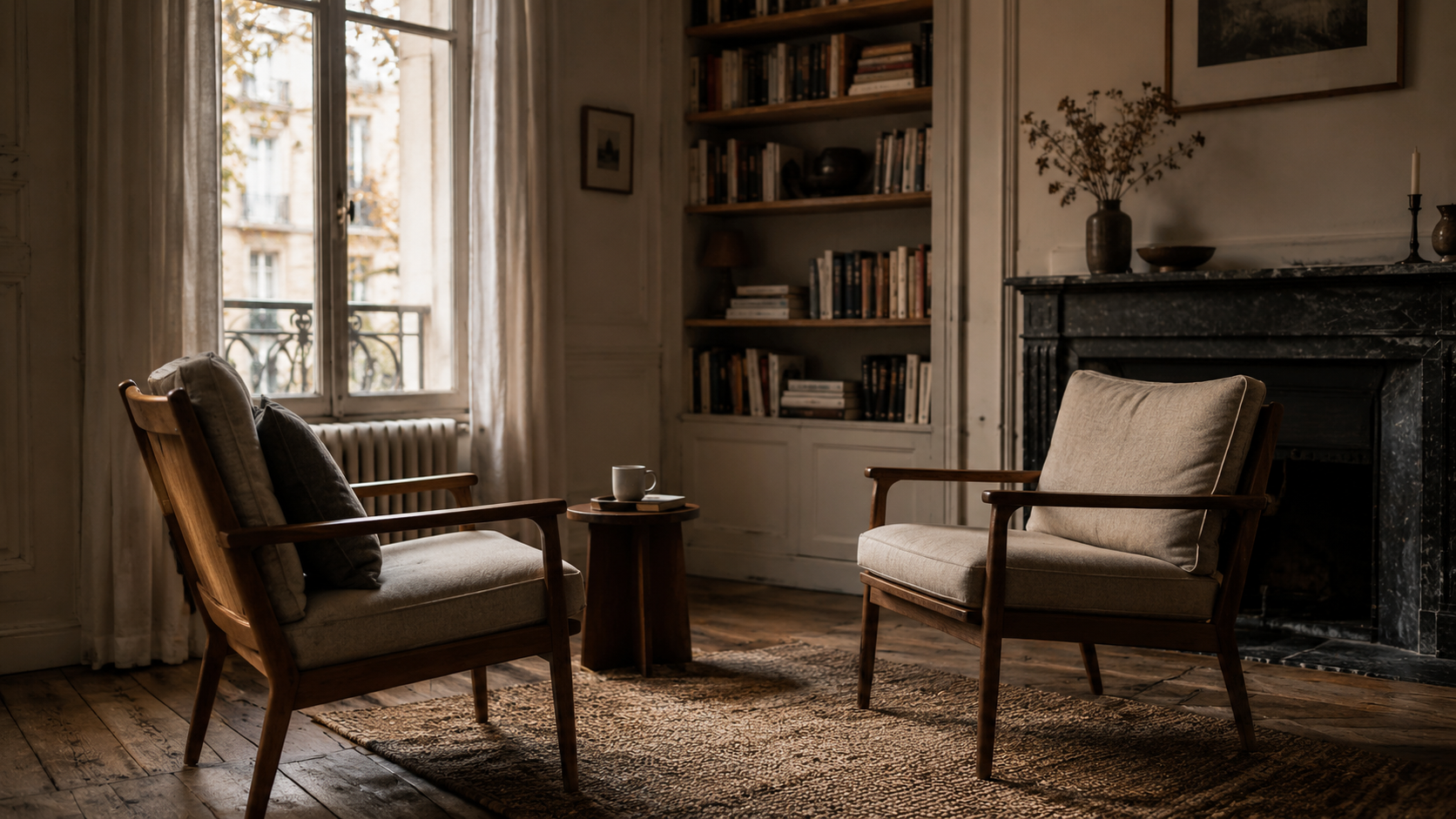 Duas cadeiras de madeira frente a frente em uma sala vintage e acolhedora, iluminada suavemente pela luz natural de uma janela, com livros e objetos discretos ao fundo.
