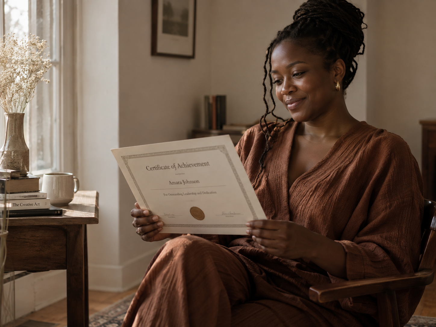 Mulher negra observa sozinha um certificado de conquista, com expressão serena e contemplativa, em um ambiente doméstico acolhedor, sugerindo a mistura de orgulho e ausência após uma realização importante.