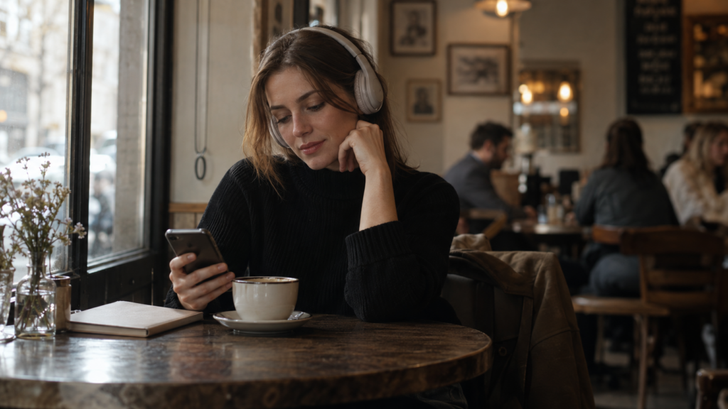 Mulher usando fones de ouvido sentada sozinha em uma cafeteria aconchegante, olhando para o celular com expressão pensativa, enquanto pessoas aparecem desfocadas ao fundo.