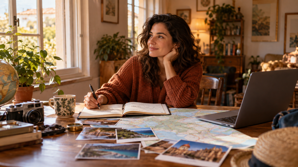 Pessoa sentada à mesa em um ambiente aconchegante e vintage, planejando uma viagem com mapa, caderno, fotografias e notebook, em uma cena serena que transmite novos planos e reconstrução da vida após um término.