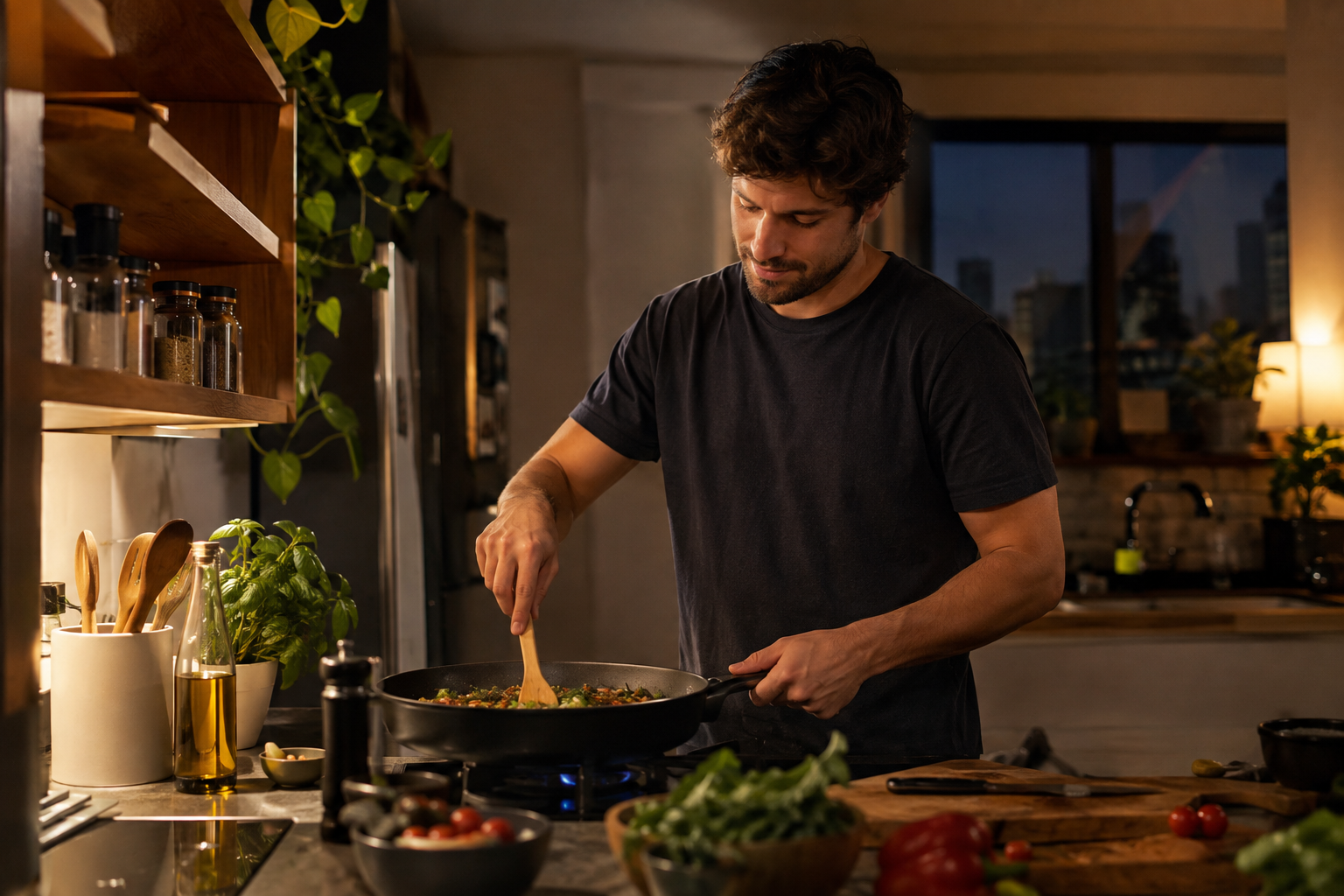 Homem sozinho preparando uma refeição simples na cozinha no início da noite, com expressão tranquila e concentrada. O ambiente é aconchegante, organizado e iluminado por luz quente, com alguns ingredientes e utensílios sobre a bancada, transmitindo sensação de autonomia, conforto e bem-estar na própria companhia.
