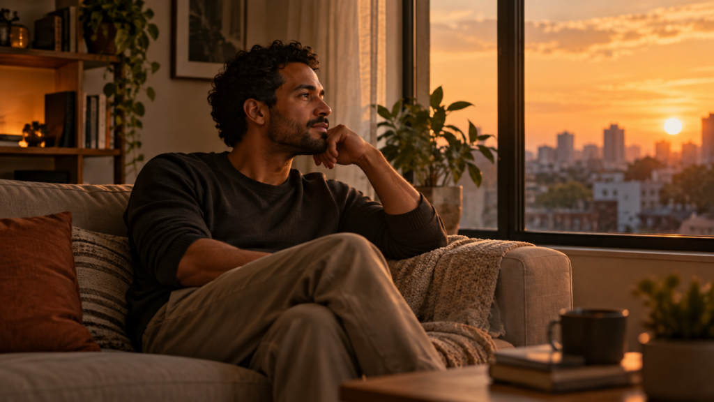 Homem sentado sozinho no sofá de um apartamento aconchegante, observando o pôr do sol pela janela em um momento de silêncio e reflexão.