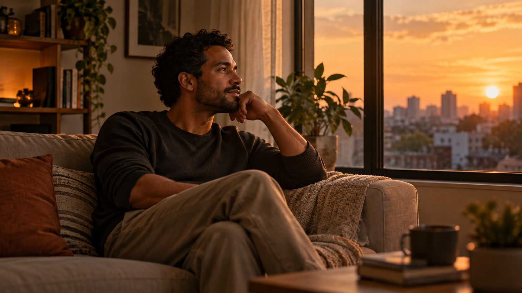 Homem sentado sozinho no sofá de um apartamento aconchegante, observando o pôr do sol pela janela em um momento de silêncio e reflexão.