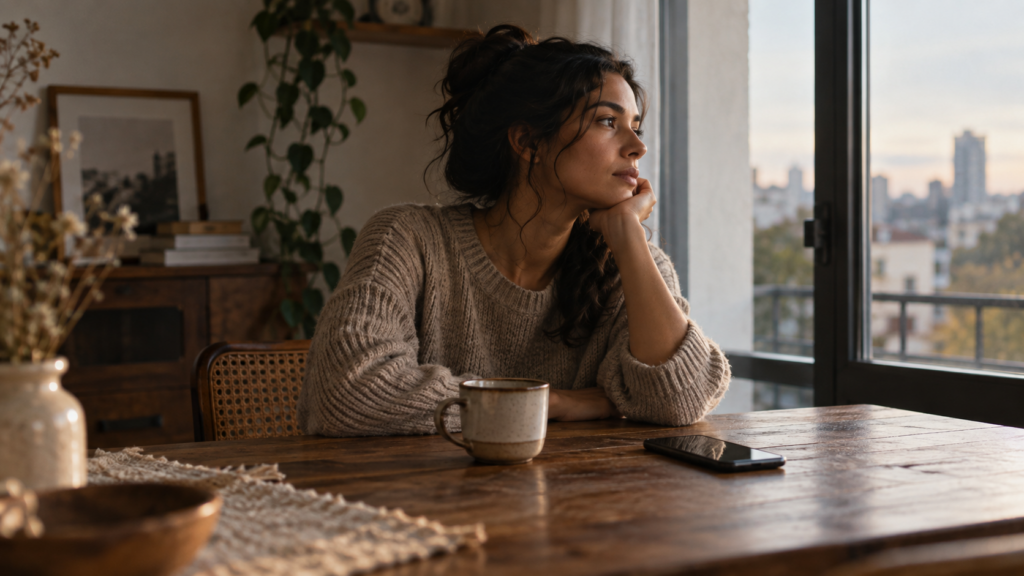 Mulher adulta sentada sozinha à mesa, ao lado de uma xícara de café e de um celular com a tela apagada, olhando pela janela em um ambiente acolhedor e silencioso, com expressão serena e contemplativa.