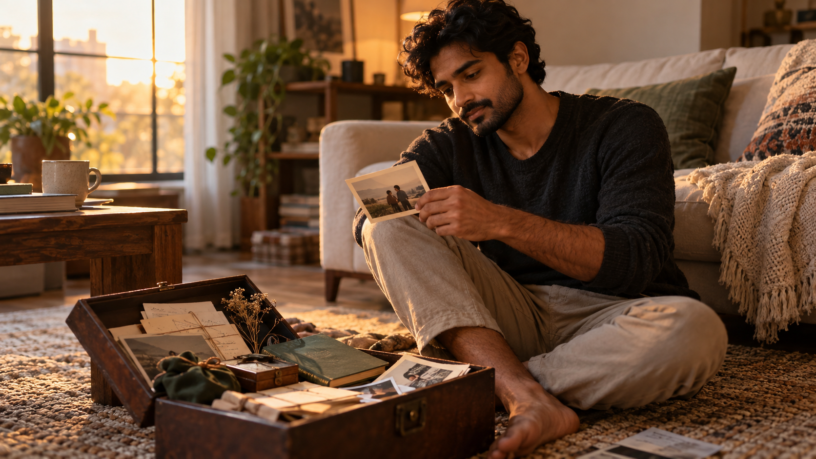 Homem sentado no chão de um apartamento aconchegante, observando uma fotografia antiga ao lado de uma caixa com cartas, presentes e lembranças de um relacionamento passado.