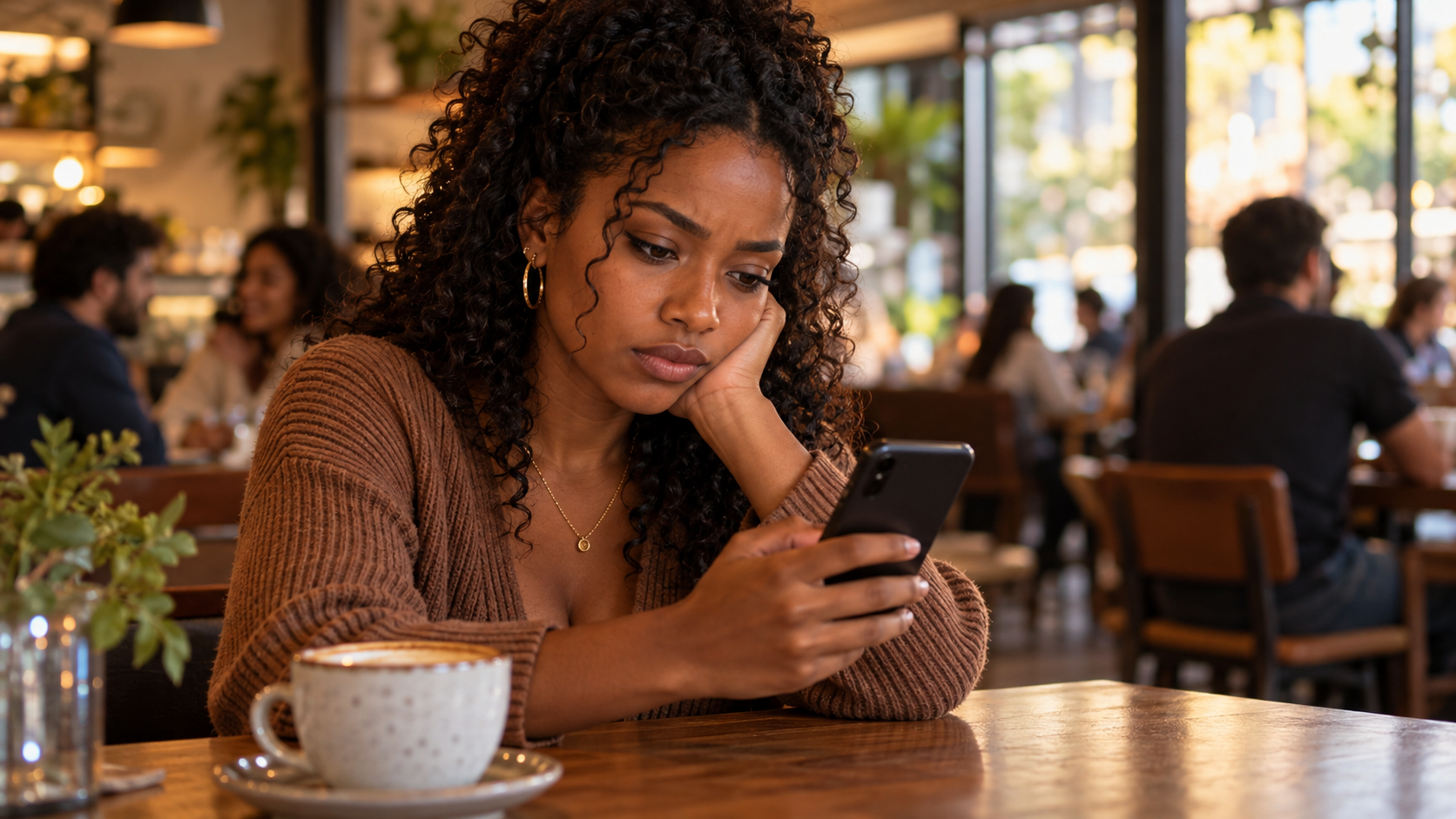 Mulher negra sentada em uma cafeteria, olhando para o celular com expressão triste e pensativa, enquanto outras pessoas conversam ao fundo.